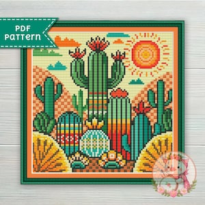 Motif cactus au point de croix. Carte de xstitch paysage Mexique PDF. Pour Pattern Keeper