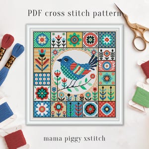 Bird patchwork cross stitch pattern - Folk Scandinavian xstitch chart PDF