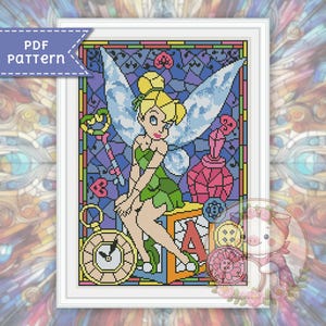 Tinker belle cross stitch pattern. Stained glass xstitch chart PDF. For Pattern Keeper