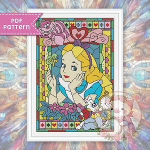 Alice cross stitch pattern. Stained glass xstitch chart PDF. For Pattern Keeper