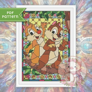Chipmunks cross stitch pattern. Stained glass xstitch chart PDF. For Pattern Keeper