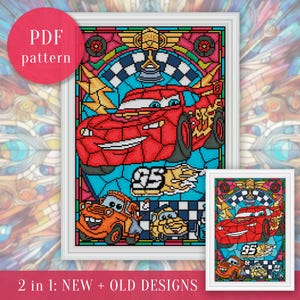 Patrón de punto de cruz de coches. Patrón de punto de cruz de vidrieras en PDF. Para Pattern Keeper.