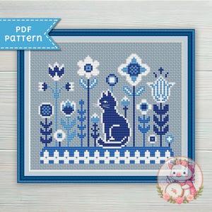 Delft blue cat cross stitch pattern - Folk animals xstitch chart PDF - For Pattern Keeper