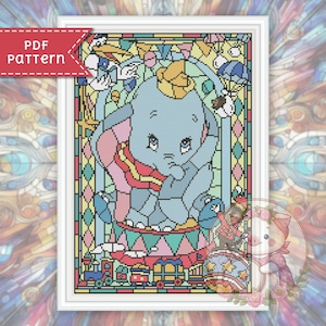 Elephant cross stitch pattern. Stained glass xstitch chart PDF. For Pattern Keeper