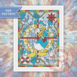Donald cross stitch pattern. Stained glass xstitch chart PDF. For Pattern Keeper