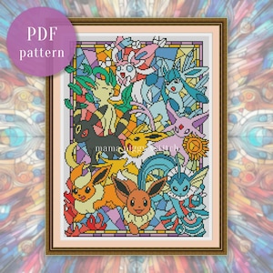 Puede incluir: Un patrón de punto de cruz enmarcado con varios personajes Pokémon coloridos en un estilo de vidriera. La obra de arte incluye el texto "PDF pattern" en un círculo púrpura. El marco es de color marrón claro.