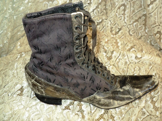 Antique Victorian Silk and Leather Boots Lace Up … - image 4