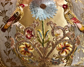 Antique 19thC metallic gold pillow with silk embroidered applique featuring gorgeous floral and birds stumpwork Bullion Caterpillar Fringe