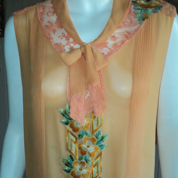 Hold for RC 1920s Crepe Day Dress Gatsby Picnic Art Deco Daisy Ruffled Skirt Original Appliques Bat Wings