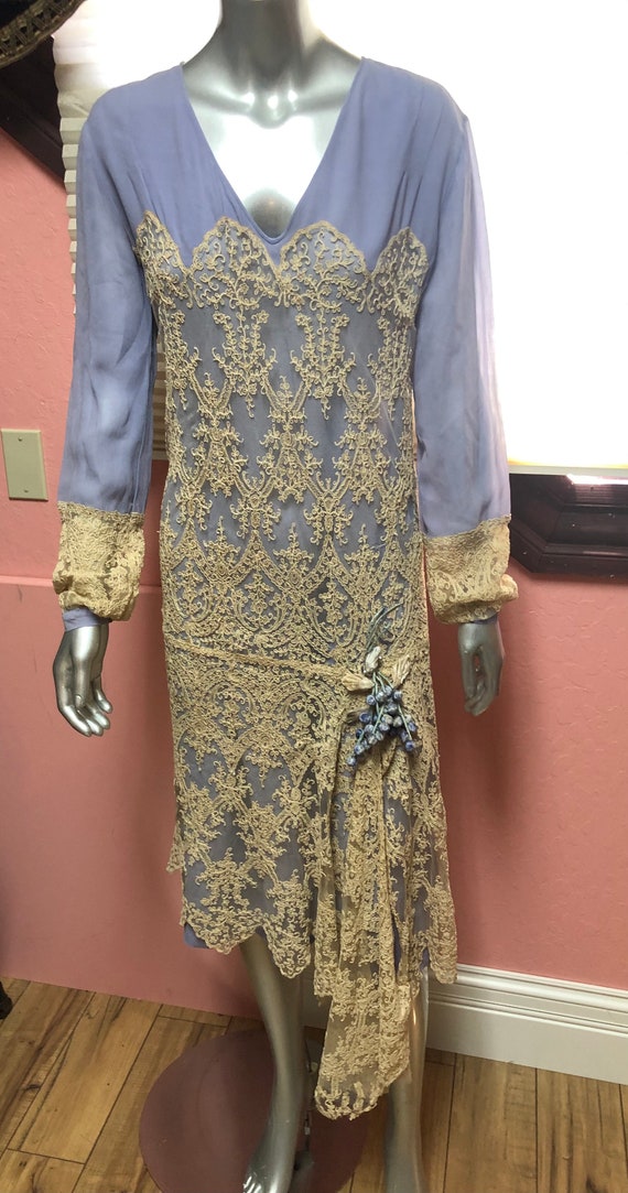 1920’s periwinkle crepe and lace dress with velvet