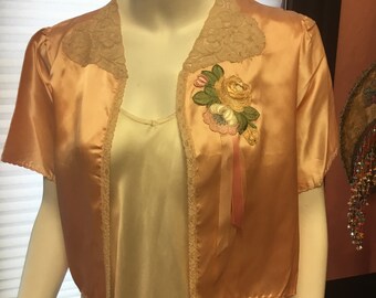 1920s upcycle boudoir bed jacket one of a kind, Art Deco, with lace collar