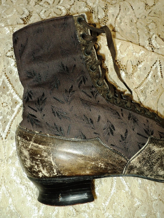 Antique Victorian Silk and Leather Boots Lace Up … - image 3
