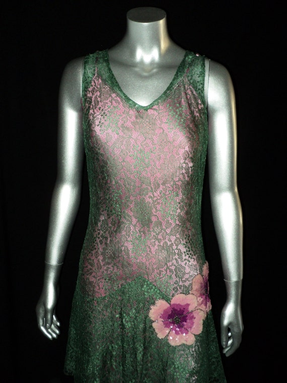 1920's Green Lace Dress Pink Slip Featuring vario… - image 5