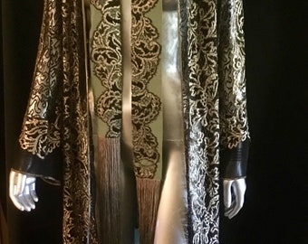 SOLD 1920’s Art Deco Metallic Lace Coat Bell Sleeves Ombré fringe, Museum Quality Rare