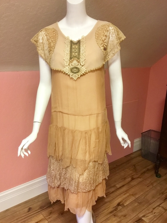 1920s Silk Chiffon and Lace Day Dress with Embroid