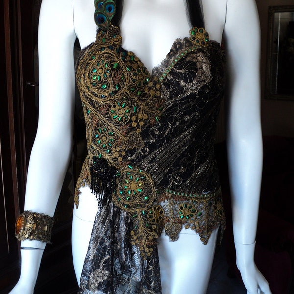 Victorian Art Deco Jewel Beetle Wing Metallic Lace Peacock Bustier Corset Bellasoire Original Design "Absinthe"