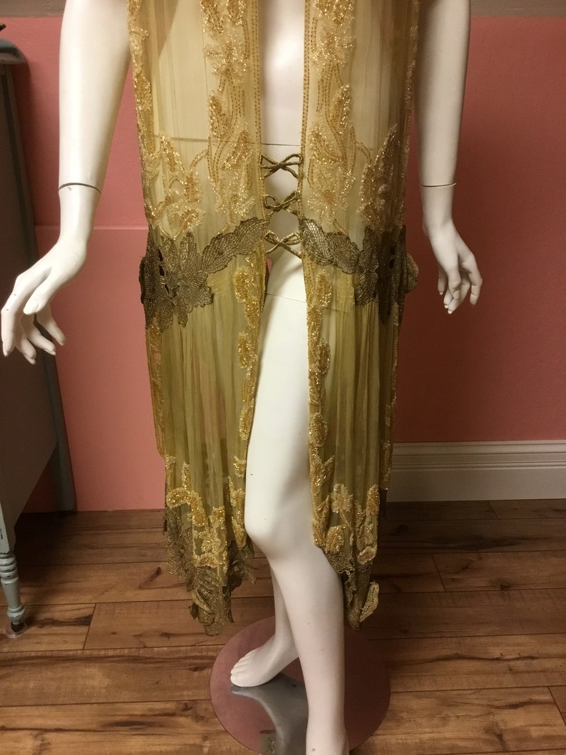 Sold Antique Rare silk chiffon, beaded flapper dress, tabard. Metallic lace, sequin, museum quality, excellent condition image 2