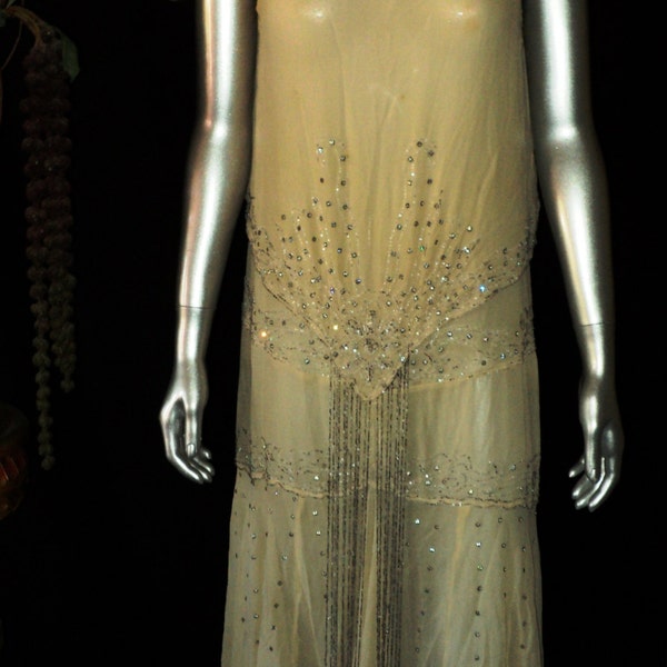 1920s Antique Crepe Rhinestone Beaded Dress Flapper Wedding Wearable with Restoration Original