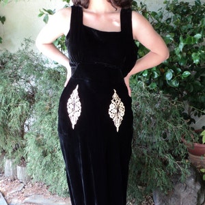 Final Sale 1930s Black Velvet Gown with Lace Pockets Steampunk Hollywood Glam Dress Original Period image 1