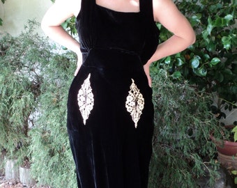 Final Sale 1930s Black Velvet Gown with Lace Pockets Steampunk Hollywood Glam Dress Original Period