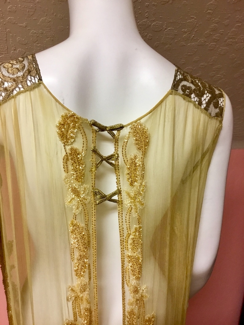 Sold Antique Rare silk chiffon, beaded flapper dress, tabard. Metallic lace, sequin, museum quality, excellent condition image 9