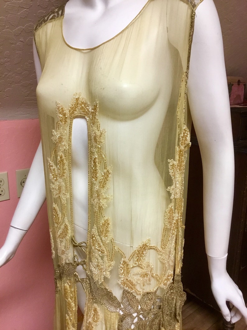 Sold Antique Rare silk chiffon, beaded flapper dress, tabard. Metallic lace, sequin, museum quality, excellent condition image 10