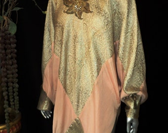 FINAL SALE 1920s "Bellasoiree Original" Art Deco Lame Tunic Chiffon with Beaded Floral Applique and Egyptian Tassels