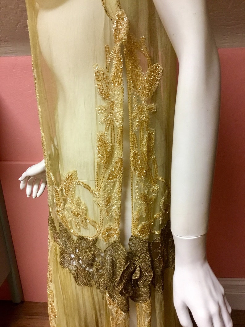 Sold Antique Rare silk chiffon, beaded flapper dress, tabard. Metallic lace, sequin, museum quality, excellent condition image 8