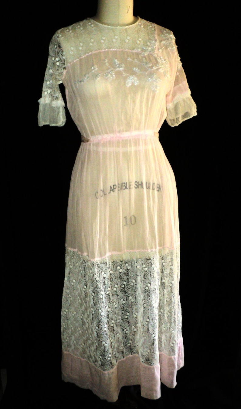 FINAL SALE Antique Edwardian Dress Pink Gown Beaded Bodice Floral Short