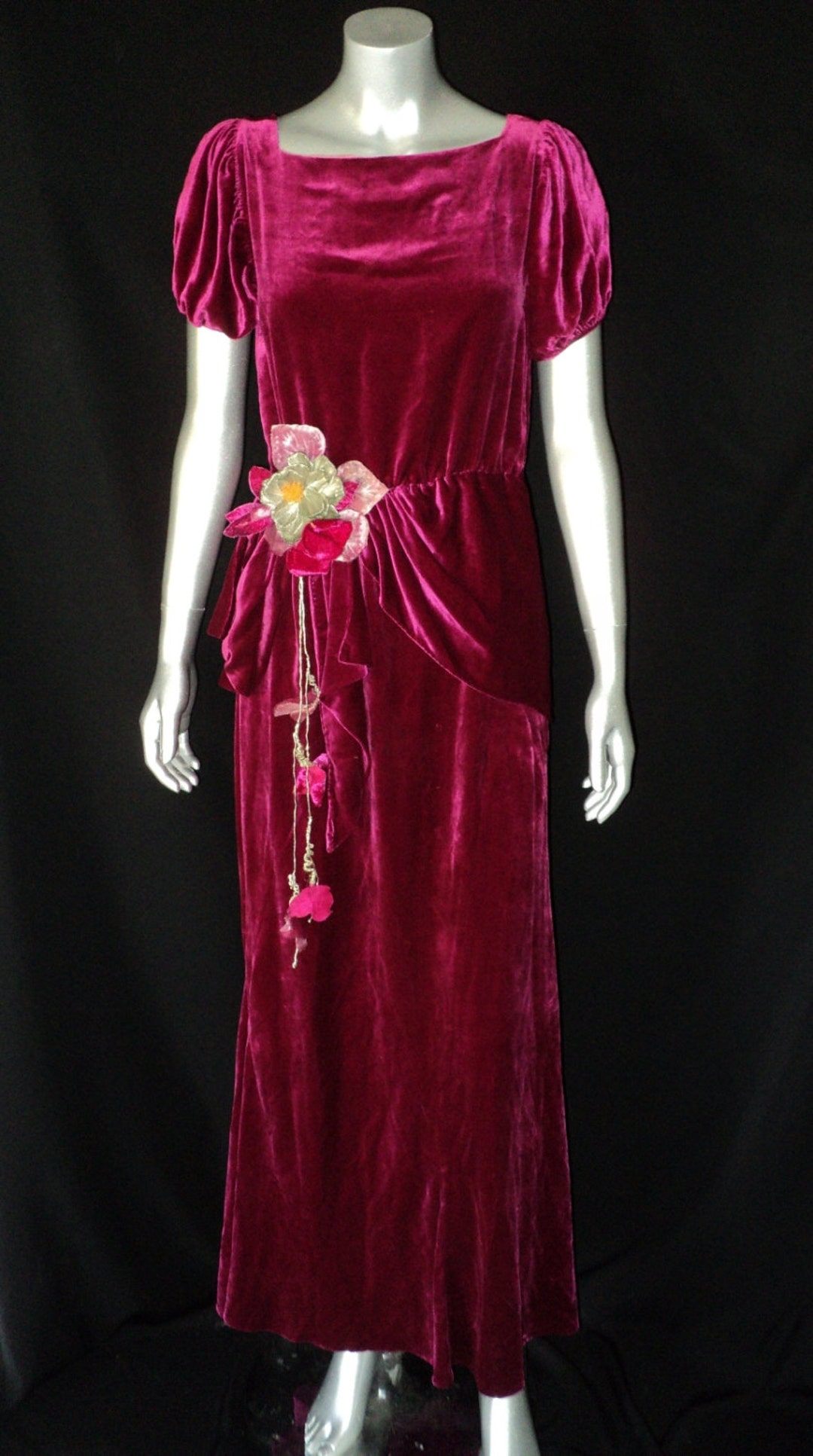 Sold 1930's Deep Magenta Silk Velvet Dress/gown Scarf Waist With ...