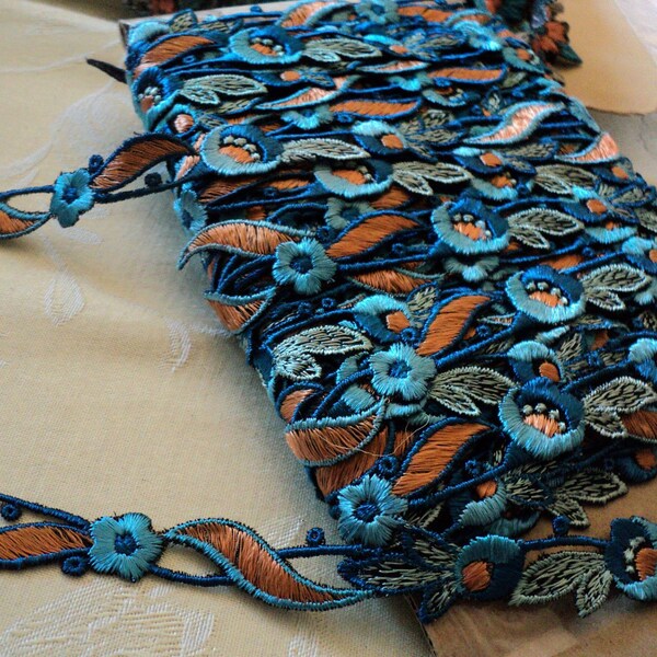 1920s Antique floral applique trim teal and orange original yardage dress vintage project