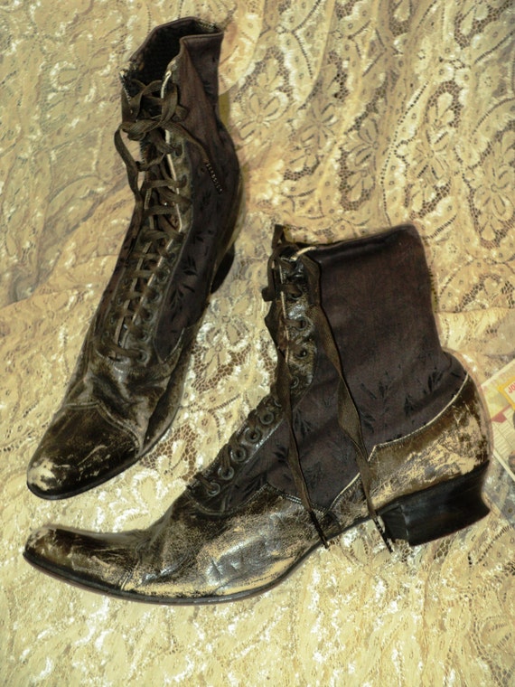 Antique Victorian Silk and Leather Boots Lace Up … - image 2