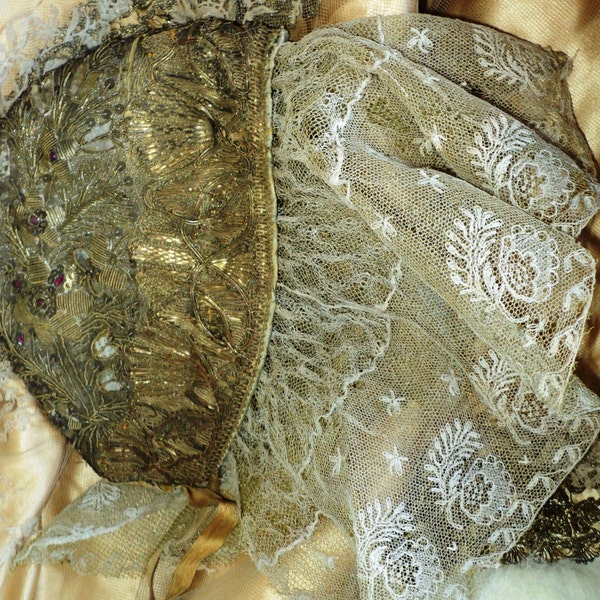 Antique 19th C French Cap Metallic Lace Embroidered Gold Bullion Original Museum Quality