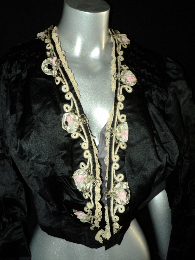 Exquisite Antique Victorian Silk Bodice with Metallic Soutache Ribbonwork Trim Original Stays Ruched Sleeves Excellent Condition image 1