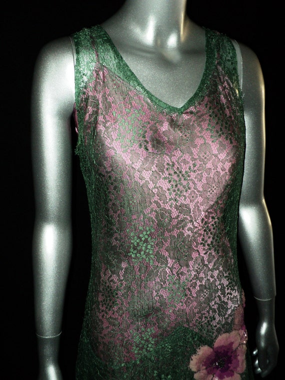 1920's Green Lace Dress Pink Slip Featuring vario… - image 3