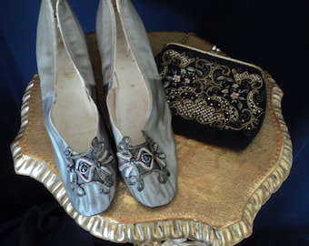 Antique Edwardian Grey Silk Shoes Embellished with Jett Beaded Soutache Mesh appliques One of  kind Original Ladies Shoes