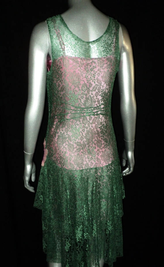 1920's Green Lace Dress Pink Slip Featuring vario… - image 4