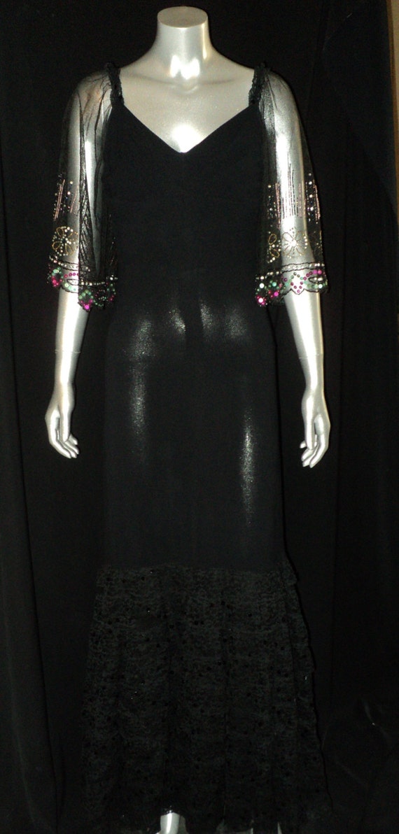 1930's Black Crepe Ruffled Dress with Sequin and … - image 1