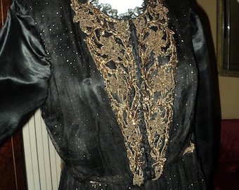 Victorian Beaded Gown Black Silk Pleated Bottom Copper Metallic Sheer Net Skirt Original Wearable