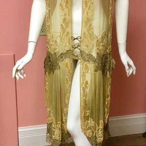 Sold Antique Rare silk chiffon, beaded flapper dress, tabard. Metallic lace, sequin, museum quality, excellent condition image 1