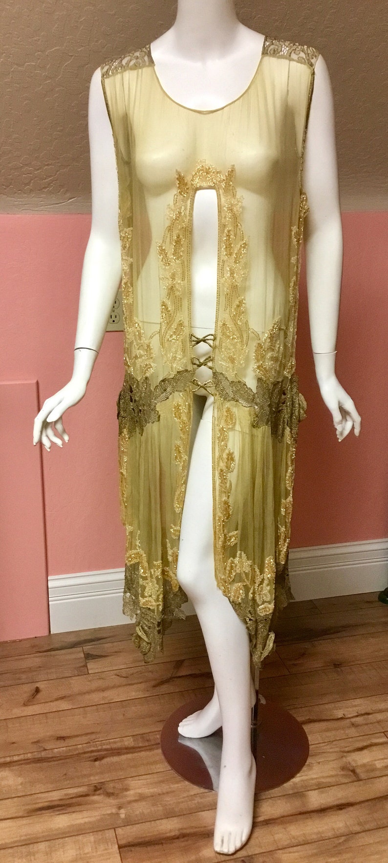 Sold Antique Rare silk chiffon, beaded flapper dress, tabard. Metallic lace, sequin, museum quality, excellent condition image 1