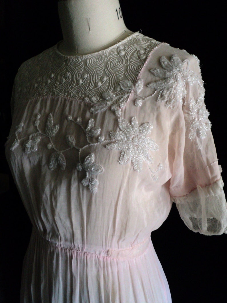 FINAL SALE Antique Edwardian Dress Pink Gown Beaded Bodice Floral Short ...