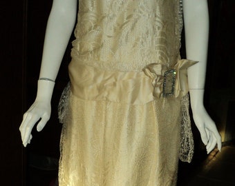 Late jaren 1920 Silk Lace Trouwjurk met Strass Zijde Boog antieke net Originele Art Deco Flapper Bridal Party Wearable