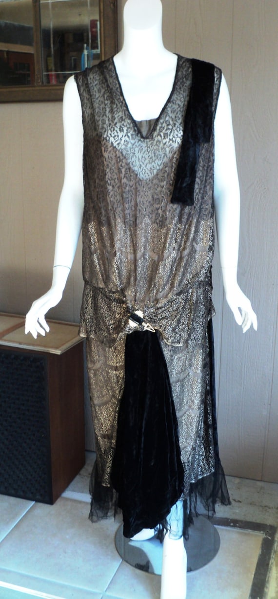 1920s Art Deco Velvet and Metallic Lace Dress Original Drop Waist Fancy  Emerald Dress Clip - Etsy
