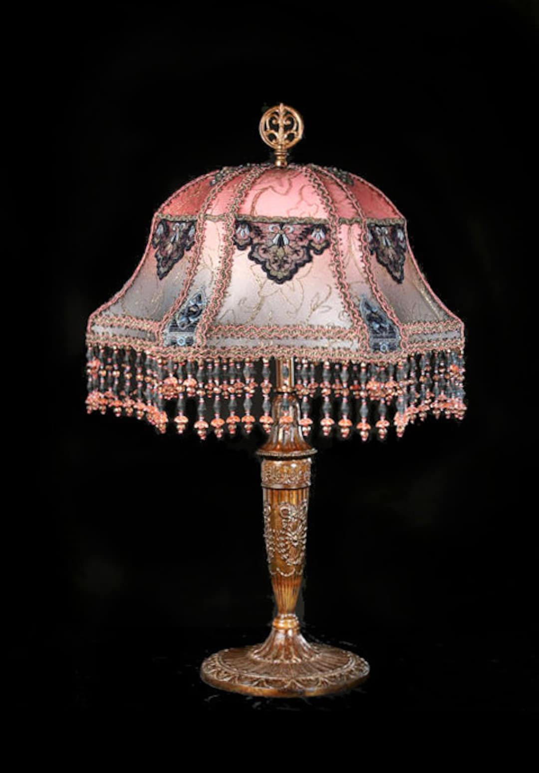 Antique One of Kind Handmade Silk Lampshade Metallic Trim Hand