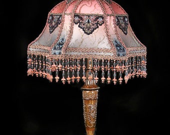 Antique One of  kind Handmade Silk lampshade metallic trim hand beaded boudoir lamp 1920s