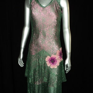 1920's Green Lace Dress Pink Slip Featuring various Pink Sequin Floral Appliques Art Deco, Flapper, Party Dress, Layered Skirt