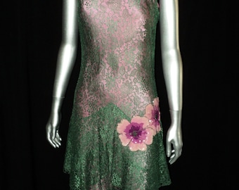 1920's Green Lace Dress Pink Slip Featuring various Pink Sequin Floral Appliques Art Deco, Flapper, Party Dress, Layered Skirt