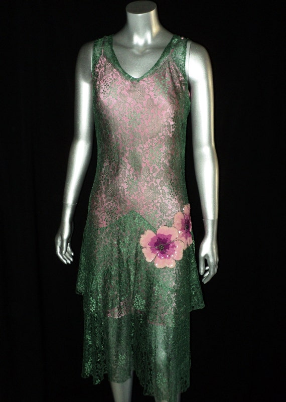 1920's Green Lace Dress Pink Slip Featuring vario… - image 1