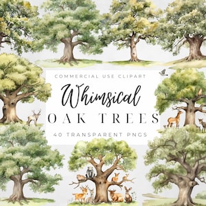 Oak Tree Clipart Pack, Oak Tree Clipart, Oak Tree Print, Oak Tree Art, Vintage Oak Tree Watercolor, Oak Tree Png, Oak Tree Printable Poster